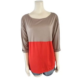 Ann Taylor Colorblock 3/4 Sleeve‎ Top Womens Large Orange Brown